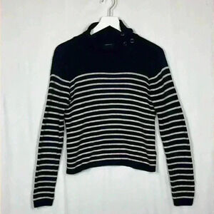 Forever 21 Womens Sweater Black/Cream Stripe M Ribbed Elbow Patches Turtleneck